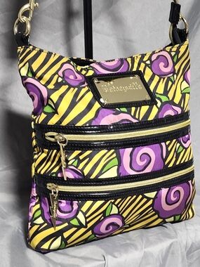 Betseyville By Betsey Johnson Yellow & Purple Floral Pattern Nylon Crossbody Bag